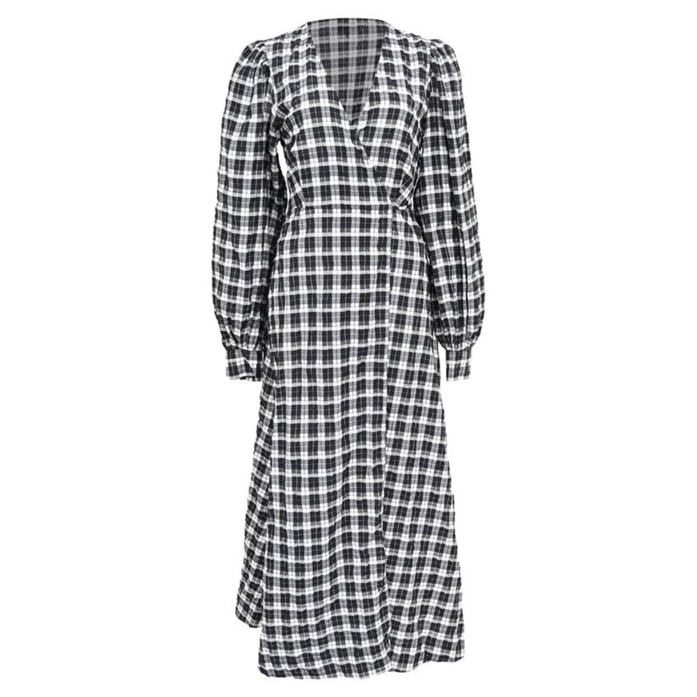 Ganni Seersucker Check Wrap Midi Dress in Black Cotton